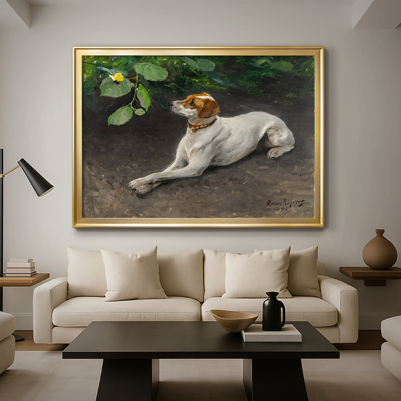Fox terrier avec un papillon - Bruno Liljefors - Toile tendue avec châssis, 1891, 26,5 x 36,5, Toile avec cadre, Doré