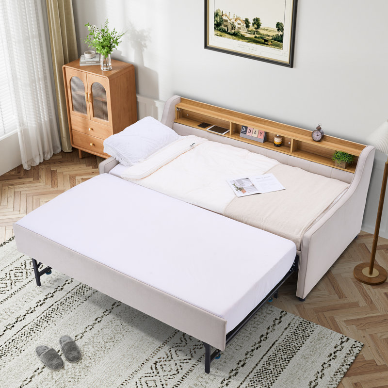 Daybed With Trundle, USB Charging Ports, Strip Lights And Storage Shelves
