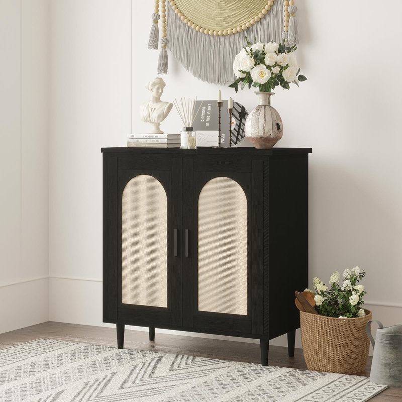 Set of 2 Rattan Sideboard Buffet Cabinet with 2 Doors, Farmhouse Kitchen Storage Cabinet with Adjustable Shelf, Black