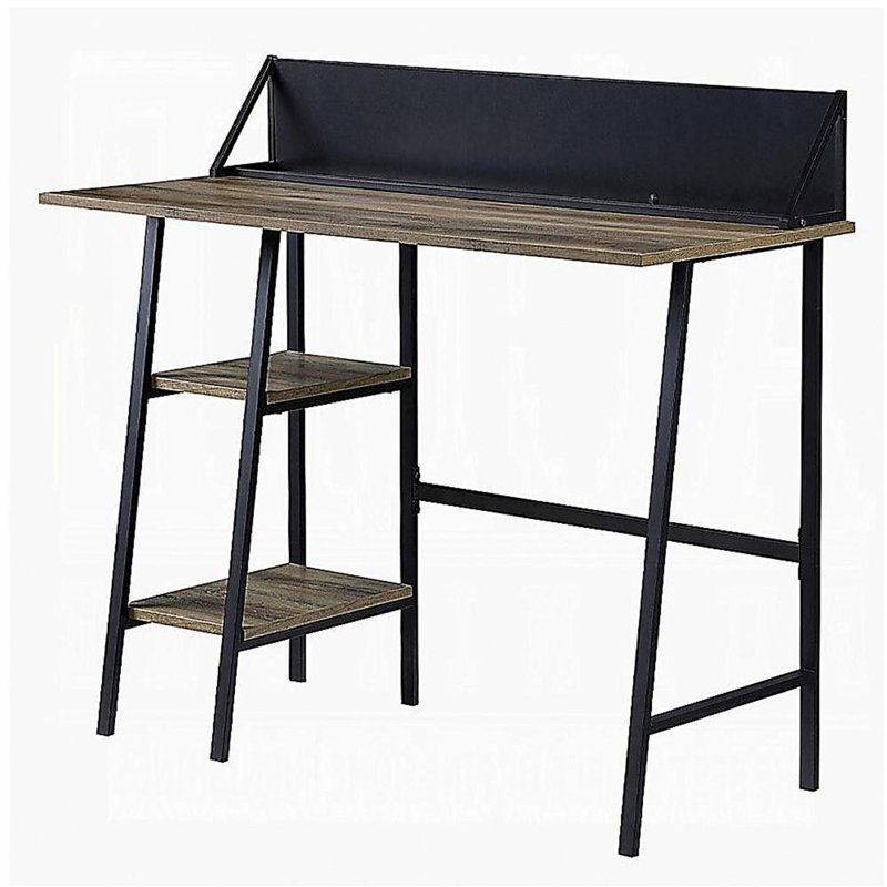 Bureau rétro en chêne et noir à 2 niveaux avec base en forme de H