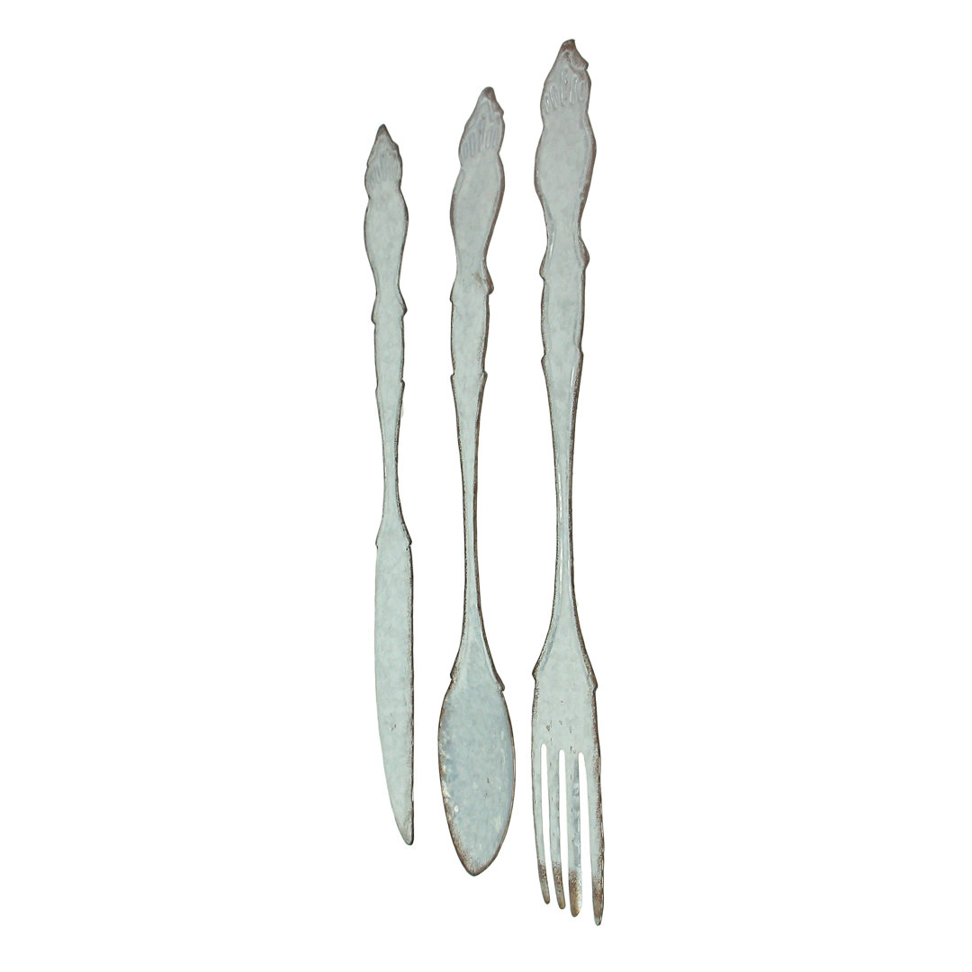 3 Piece Galvanized Metal Fork Spoon Knife Kitchen Wall Décor Set One Allium Way® 