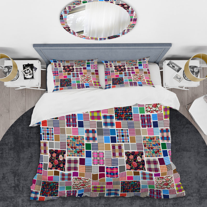 Multicolor Boxes Patchwork Patchwork Duvet Cover, King Duvet Cover + 2 King Shams