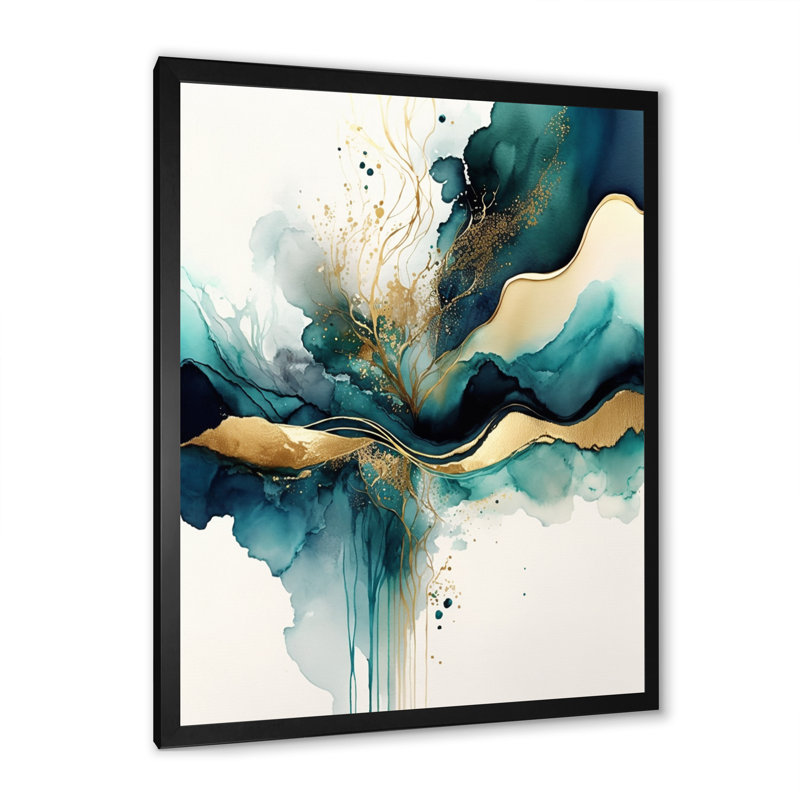 «Teal and Gold Abstract Expression III», art mural moderne sur toile, Impression encadrée, H 32 po x l 24 po, Noir