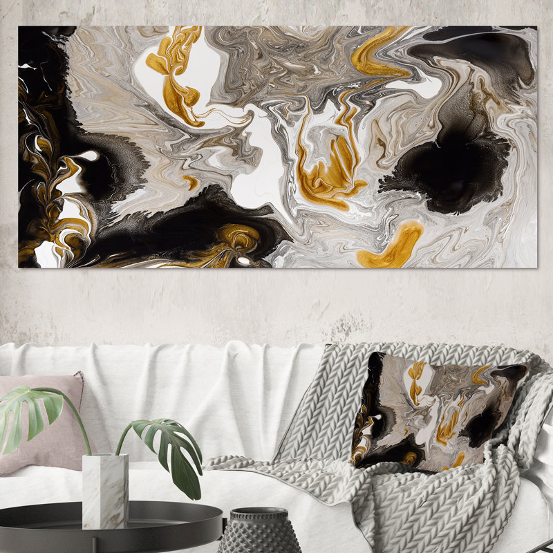 Or et vagues de marbre noir I - peinture sur toile, H 28 po x l 60 po, Toile tendue, Sans cadre