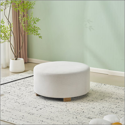 White Fabric Round Ottoman with Wooden Legs