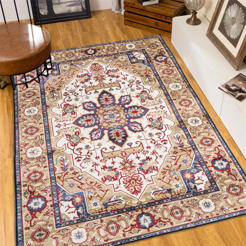 Area Rug Vintage Bohemia Large Persian Non-Slip Washable Rug For Living Room Kitchen Bedroom Living Room Flower Design