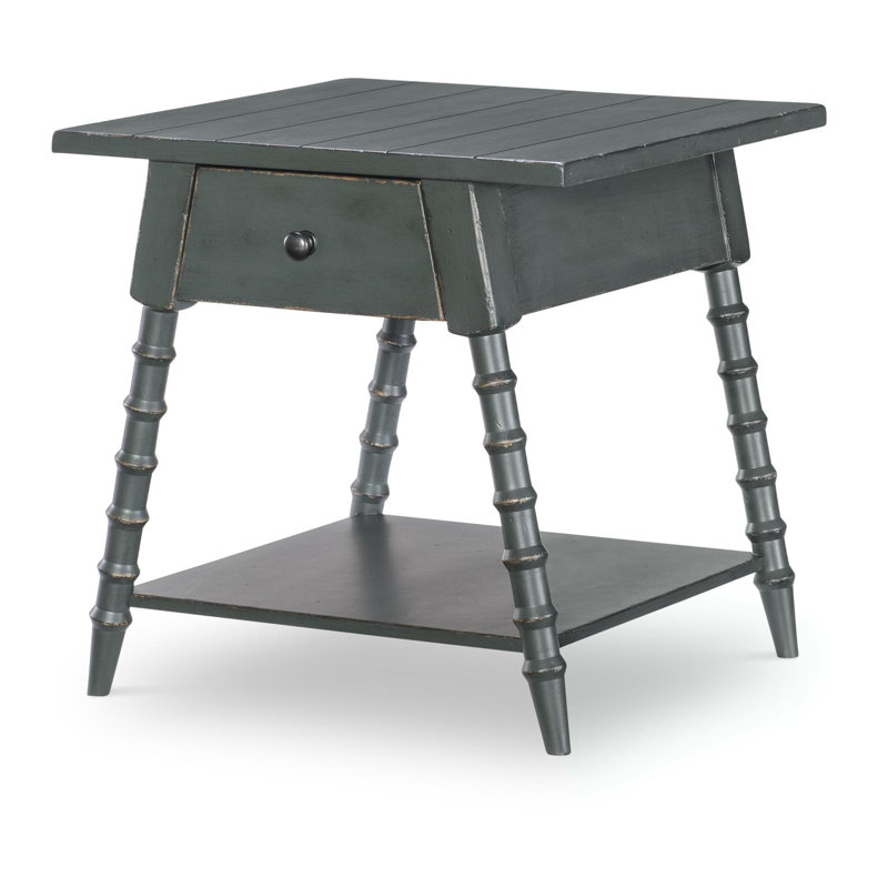 Country Living Vintage Market Splayed Bobbin Leg End Table with Drawer and Shelf, Green
