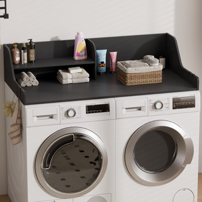 2-Tier Washer Dryer Topper Shelf with Divided Storage & Side Hooks, Black Laundry Countertop Organizer for Side‑by‑Side Washer and Dryer