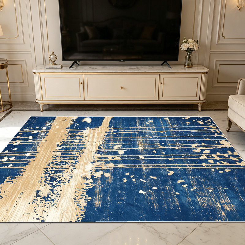 1PC Distressed Navy Blue Tan Striped Abstract area rugs for Living Room, Soft and Comfortable, Suitable for all seasons, easy-to-maintain, machine washable Indoor floor mat, Under Table Farmhouse suitable for dining table, coffee table, entryway,