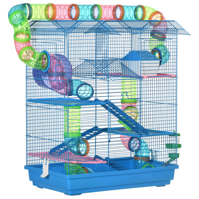 Cage à hamster 18,5 "à 5 niveaux avec tubes et tunnels, cage pour petits animaux, cage à gerbes de rat avec bouteille d'eau, plat à nourriture, roue d'exercice, bleu