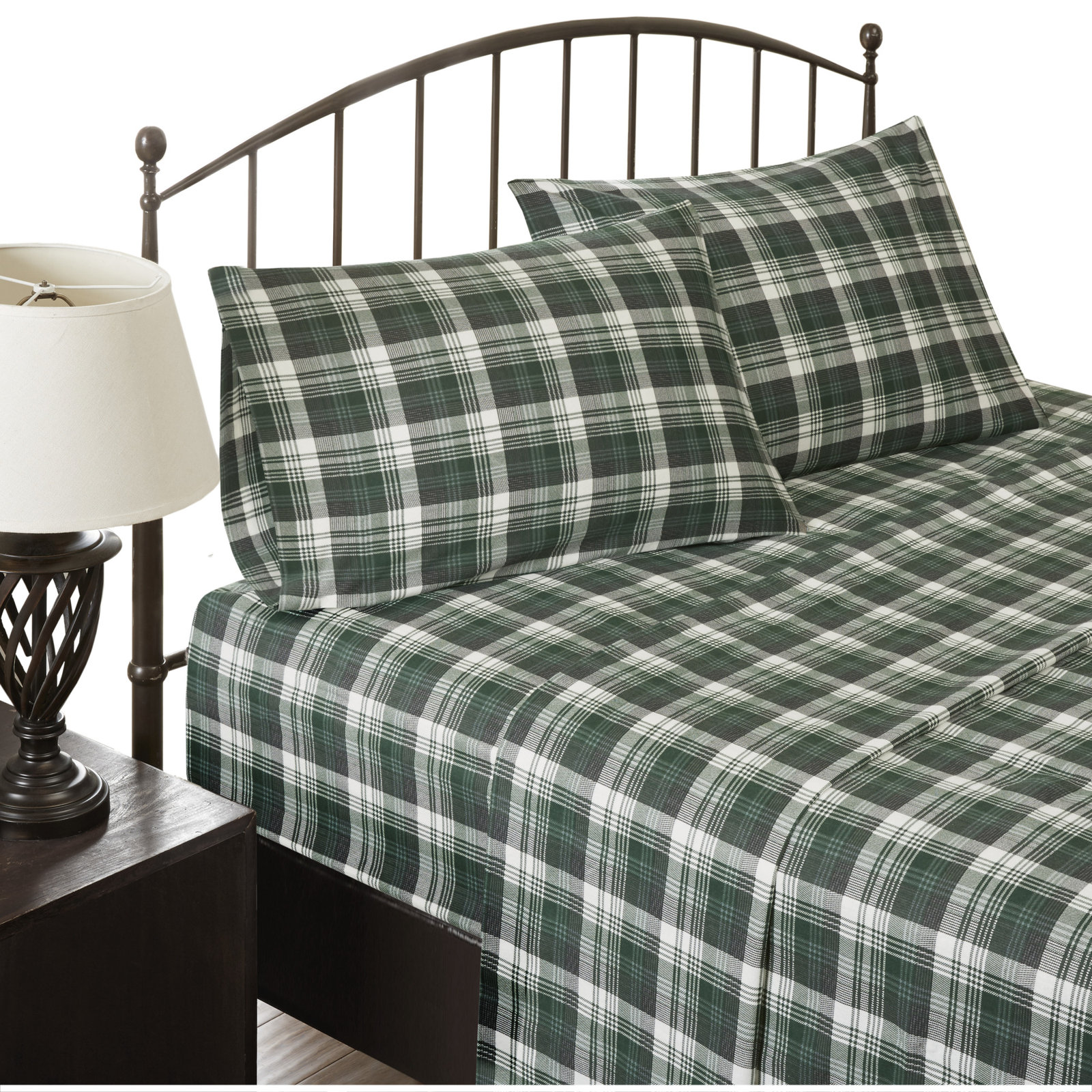 Woolrich 100% Cotton Flannel Sheet Set, California King Sheet Set with 2 Pillowcases, Green Plaid