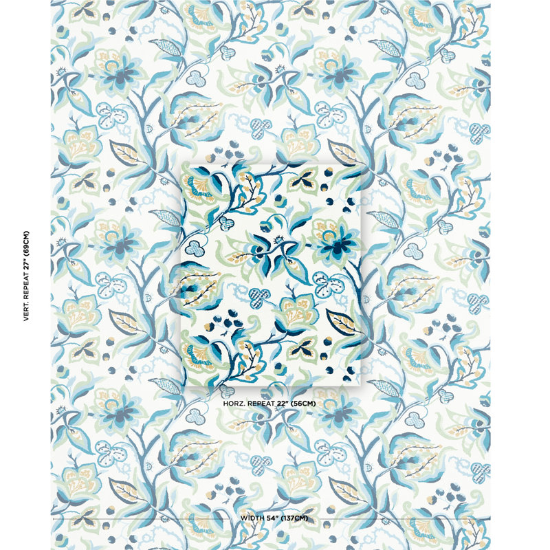 Alexandra Vine Linen Fabric, Navy/Leaf