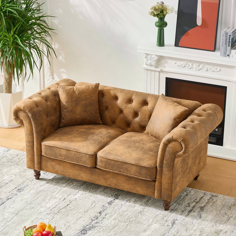 66" Chesterfield Tech Fabric Loveseat Sofa 2-Seater Mid-Century Modern Couch with Rolled Arms, High-Tech Leathaire Upholstery & Solid Pine Frame for Living Room, Office or Apartment
