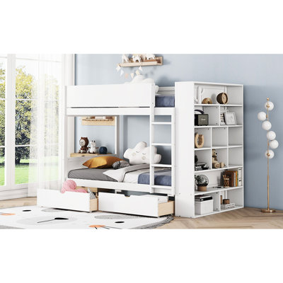 Lit simple superposé au-dessus blanc avec tiroirs et armoire à couches multiples - Meuble peu encombrant,