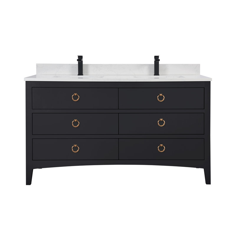 60" Solid Wood Sink Vanity With 1" Artificial Stone Top, Tricorn Black, Rose Gold
