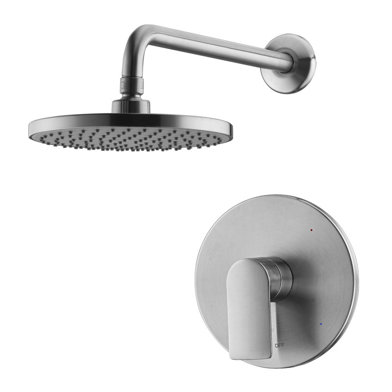 Garniture de douche de la collection Wedge seulement: pomme de douche ronde de 8 po, ensemble de poignées simples et soupape brute incluse - nickel brossé