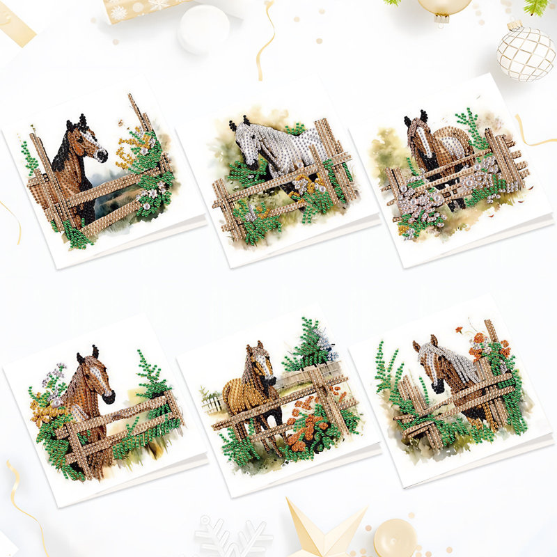 Syntego 6Pcs DIY Assorted Horse Diamond Painting Greeting Thank You Christmas Cards Diamond Art Kit