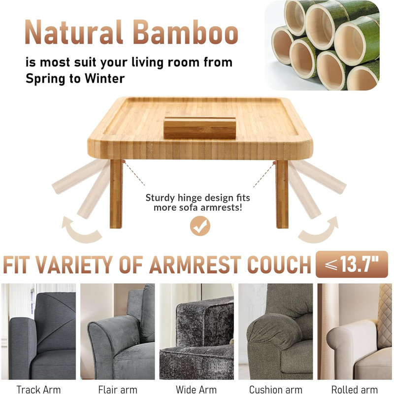 Couch Arm Tray,Bamboo Sofa Tray Table Clip on Side Table for Wide Couch