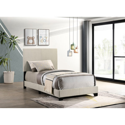 Lit simple tapissier crème, tête de lit rembourrée pour une structure en bois d'ingénierie en bois d'hévéa chaleureuse et accueillante, pieds noirs solides, décoration de chambre à coucher, look transitionnel, lit à ressorts