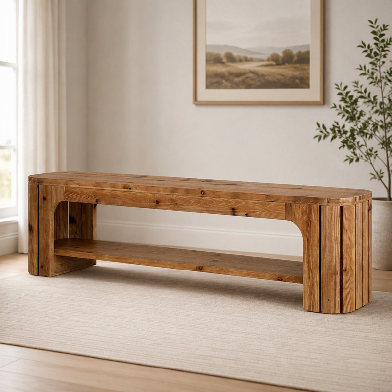 Banc de 63 po en bois massif, banc de rangement ouvert à 2 niveaux pour chaussures, banc de couloir rustique