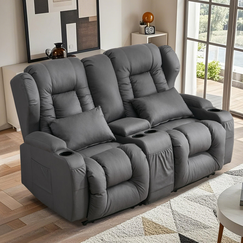 Causeuse manuelle inclinable avec console centrale, rangement et porte-gobelets, Similicuir gris foncé