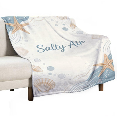 Salty Air Starfish Seashells Bubbles Ocean Waves Luxury Flannel Throw Blanket, Soft Warm Fuzzy Blanket for Living Room Sofa Bed Home Decor