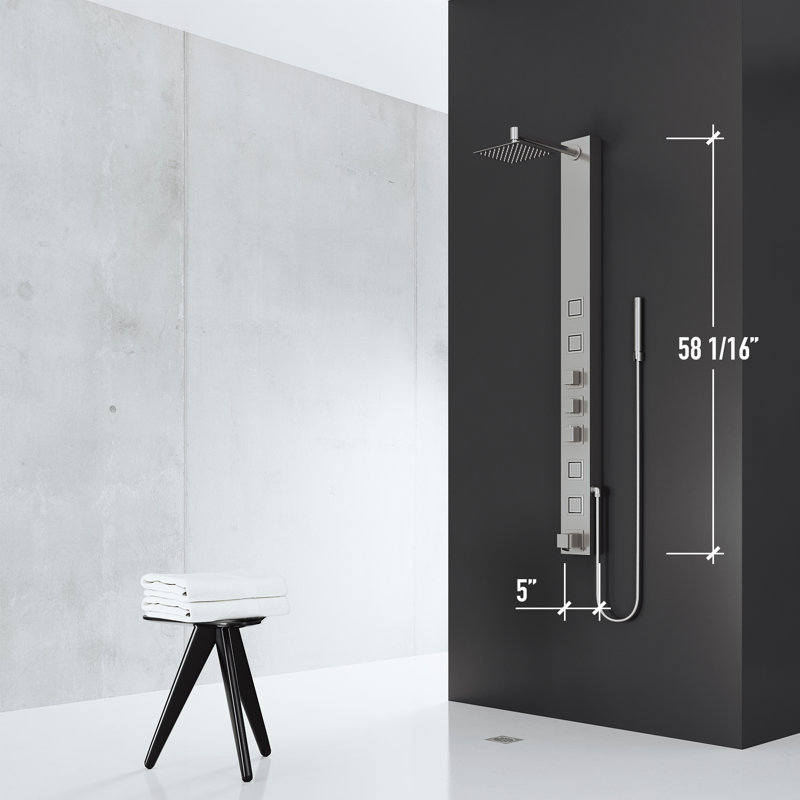 Bowery 58" H X 5" W 4-Jet Shower System &Tub Filler with Hand Shower Wand and Adjustable Shower Head, Stainless Steel