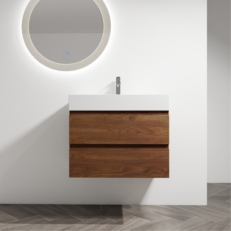 Meuble-lavabo mural de 30 po avec lavabo en résine. Design moderne, 2 tiroirs à fermeture en douceur. Base de contreplaqué, fermeture en douceur pour une utilisation à long terme