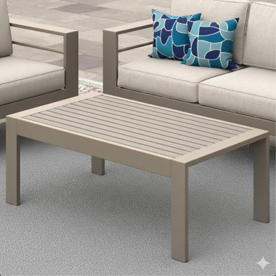 Table basse d'extérieur en métal toutes saisons avec plateau et cadre d'aspect bois