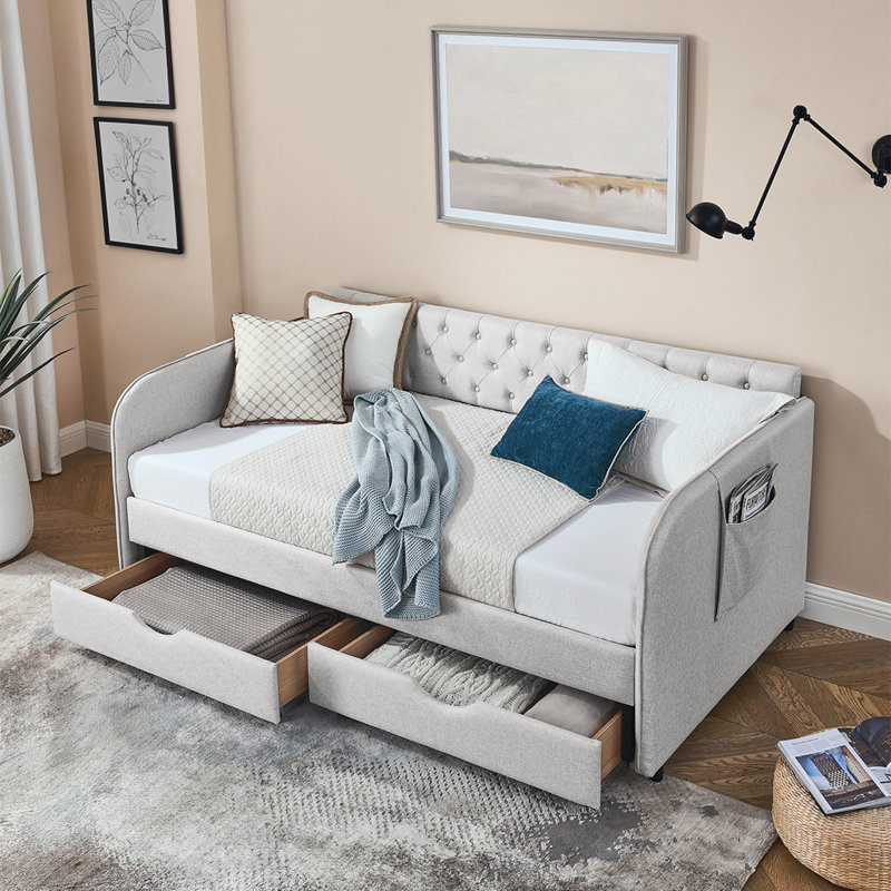 Mid-Century Tufted Upholstered Twin to King Expandable Daybed with Storage Drawers Beige, Beige