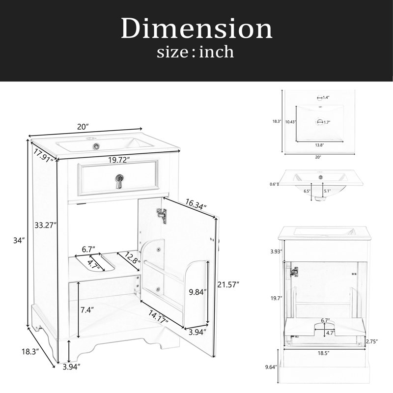 Meuble-lavabo de salle de bain avec lavabo en céramique, porte à fermeture douce, tablette réglable et support de rangement fixé à la porte - idéal pour les petites salles de bain