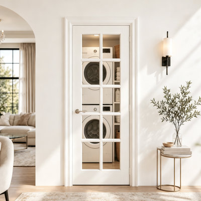Interior Door Slab with Frame - 10 Lite Clear Glass White MDF Door, Prehung-Style Door Kit with Pre-installed Hinges, Locking Silver Handle Included, No Pre-drilled Holes