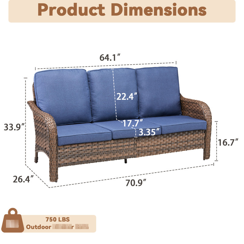 Canapé d'extérieur 3 places de 180 cm avec coussins bleus, structure en PE de haute qualité, résistant à la rouille, idéal pour toutes les conditions climatiques et au style élégant.