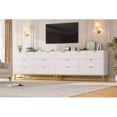 Commode blanche à 7 tiroirs pour la chambre à coucher, grande commode de 53,5 po avec pieds en métal, commode moderne avec rangement large, commode pour chambre à coucher, salon, entrée