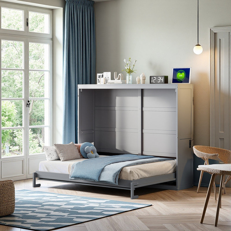 Lit escamotable double avec port de charge, gris, Double