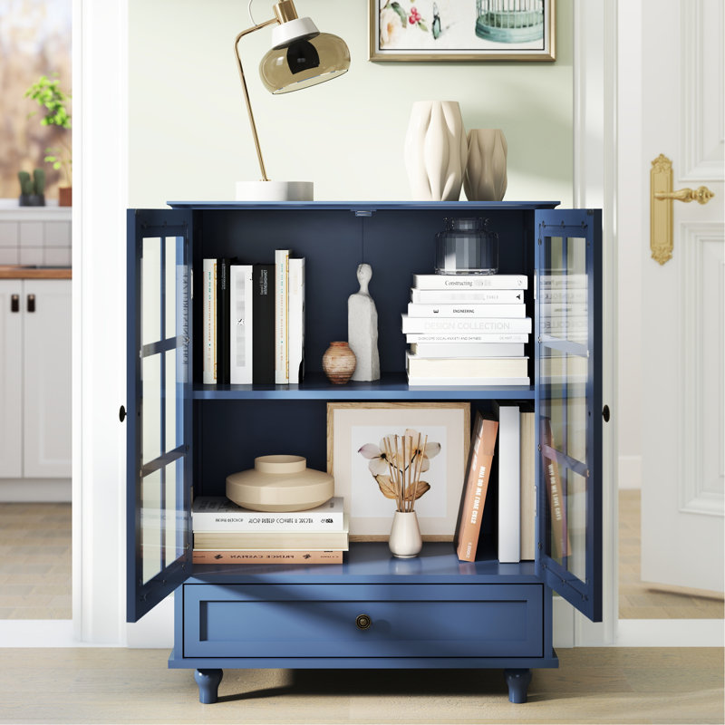 Blue Modern Buffet With Adjustable Shelving, Vintage Bronze Handles, And Shatter - Glass, For Dining Room Entryway Minimalist Sideboard Double Glass Doors, Smooth Gliding Mechanism, Solid Wood Legs,