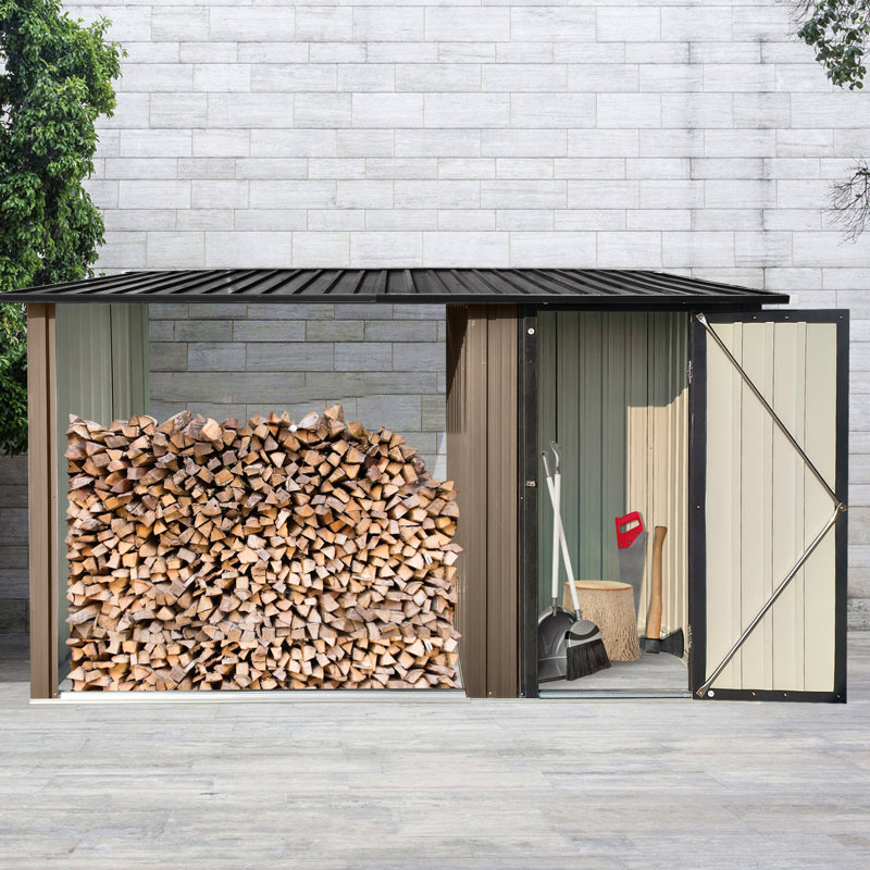 Outdoor Metal Firewood Rack And Storage Shed, Brown And Black,Two-In-One Function