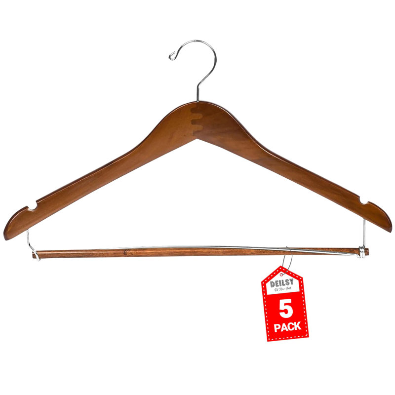Williston Forge Iszak Suit Hangers For Men With Open Bar 5 Pack, Premium Brown Wooden Pants Hangers, Durable Suit Hangers For Closet Organization, Jacket Hanger Wide Thick Hangers Wood Clothes Hangers,(Brown/5 Pack)