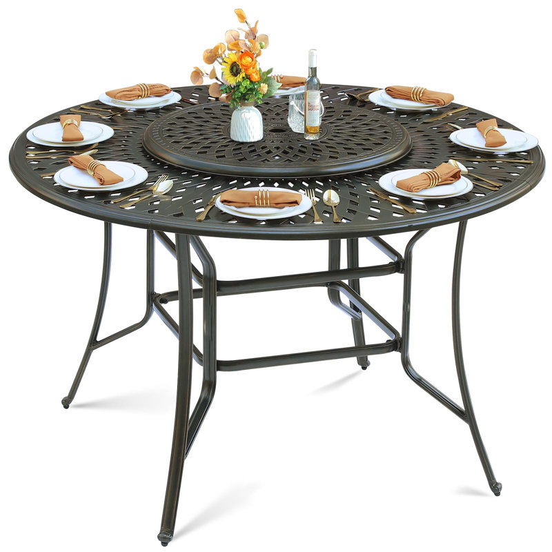  61" Patio Round Height Bar Table, All-Weather Cast Aluminum High Top Dining Table With 31" Lazy Susan & Umbrella Hole For Outdoor Balcony, Porch And Deck, Fits For 6-8 Person, Dark Bronze