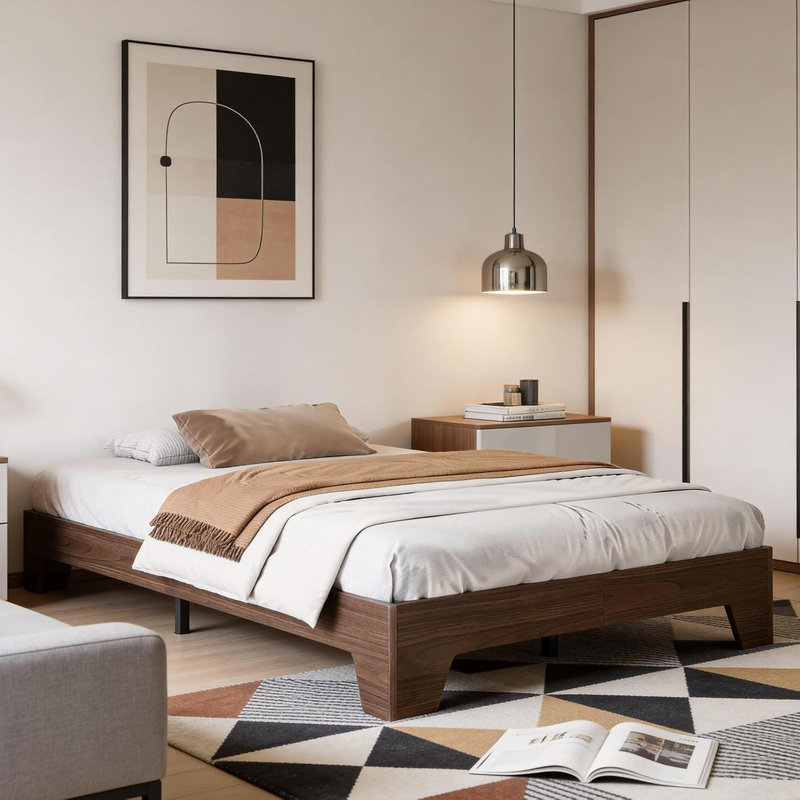 Structure de lit plateforme, lit en bois Boho avec lattes silencieuses, aucun sommier nécessaire, mobilier de chambre naturel, base de lit en bois robuste, assemblage facile