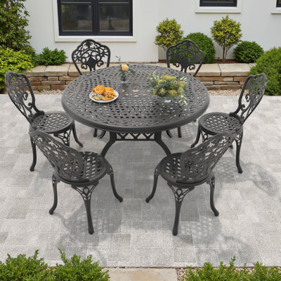 6-Person 48.03" Round Outdoor Dining Set with Umbrella Hole, 6 Chairs with 15.35" Seat Width