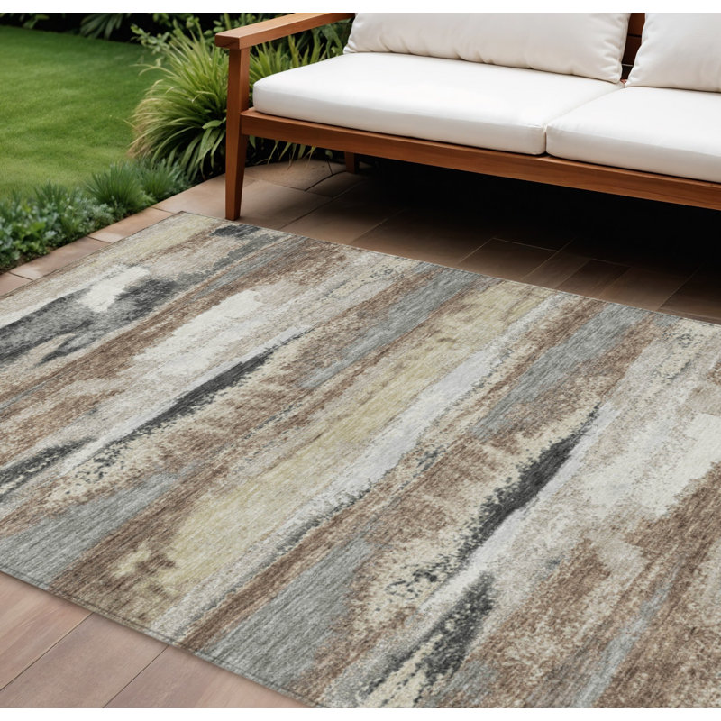 Tapis extérieur lavable abstrait taupe beige et ivoire 10 pi x 14 pi