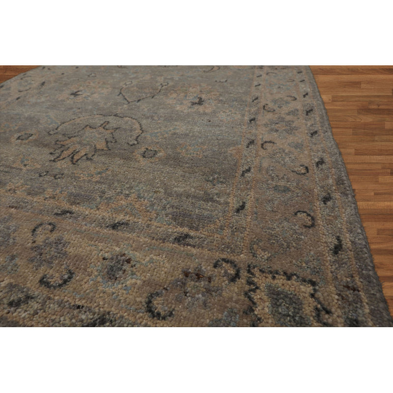 Tapis afghan en laine gris 3 x 5 Oushak transitionnel noué à la main