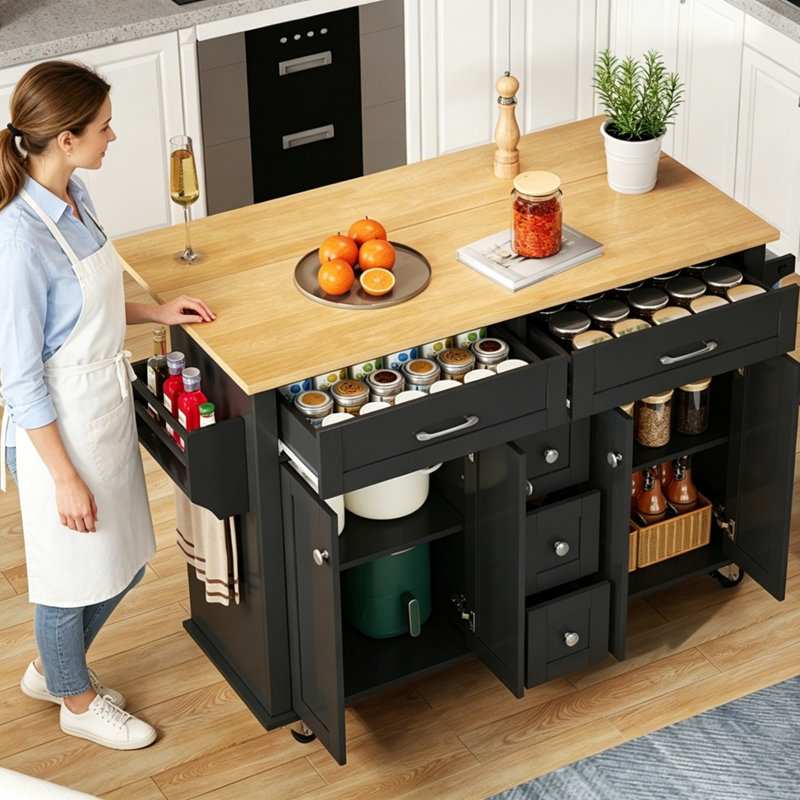 140 cm W Kitchen Island with, Black