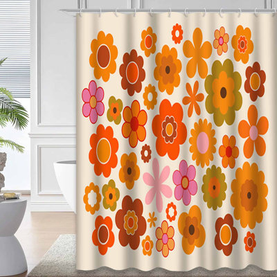 Waterproof Vintage Orange 70s Retro Floral Shower Curtain with 12 Hooks