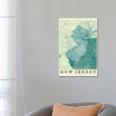 New Jersey Map 1 Piece Wrapped Canvas Wall Art