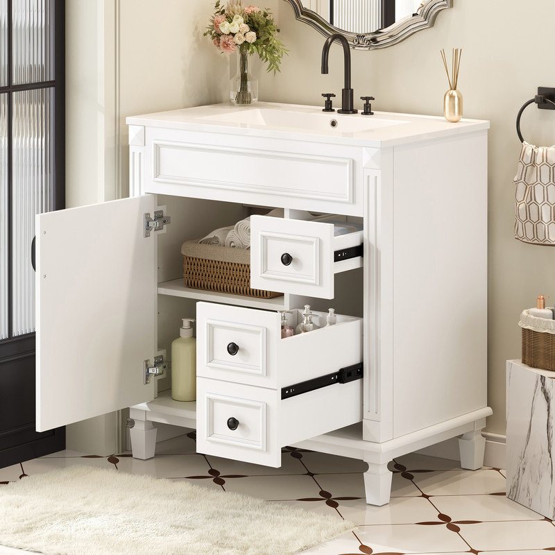 Meuble-lavabo moderne avec lavabo en céramique et tiroirs de rangement, Blanc