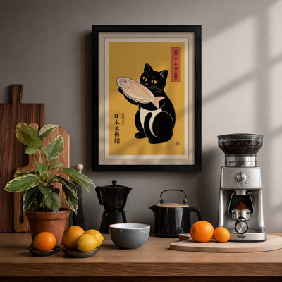 Cat with Fish Japandi - Framed Print