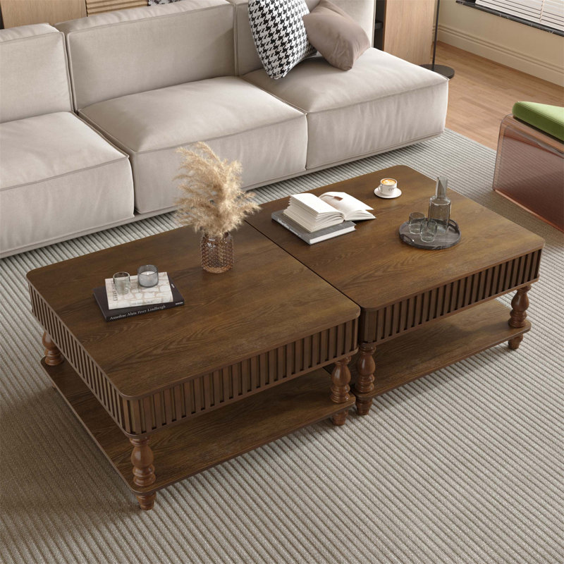 Table basse à plateau relevable cannelé 31,5 pouces avec rangement ouvert et caché, mécanisme de levage hydraulique, pieds en bois massif rétro pour le salon, canapé