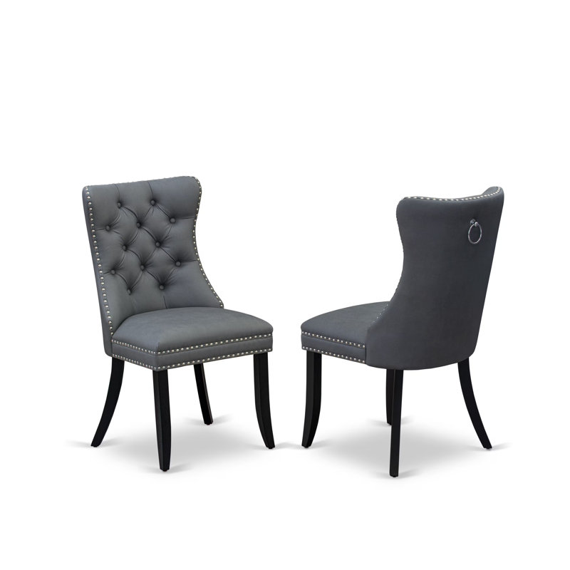 Dallas Parsons Dining Chairs - Button Tufted Nailhead Platinum Gray Polyester Fabric Padded Chairs, Set of 2, Wirebrushed Black